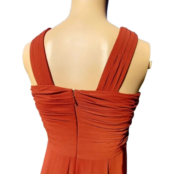 Bill Levkoff 82955 Rust CrissCross Boddice Chiffon Halter Pleated Formal Gown - Picture 8 of 10